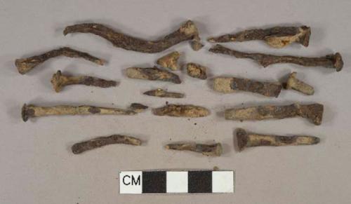 Ferrous metal nail fragments, heavily corroded, 20 unidentified ferrous metal fragments