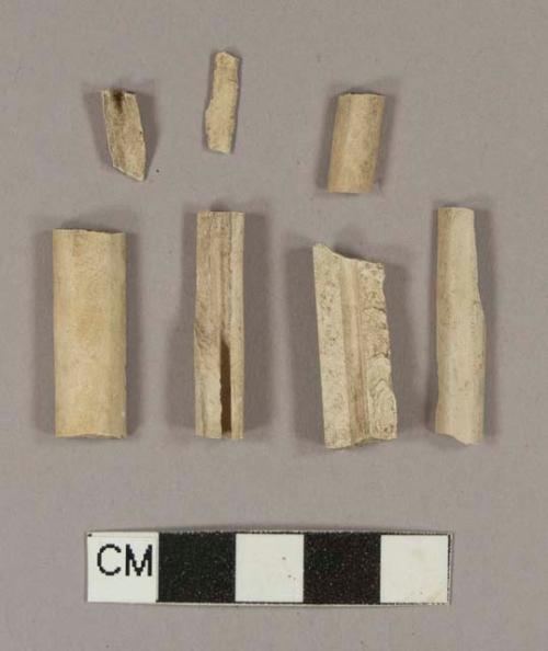 Unsmoked, undecorated pipe stem fragments; bore diameter unmeasurable; two fragments crossmend; two fragments crossmend