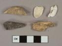 2 Bone fragments, 2 shell fragments, 1 burned coal fragment