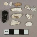 Shell fragments, 1 bone fragment, 1 charcoal fragment