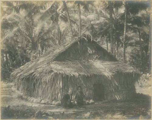 Two children in front of thatched house