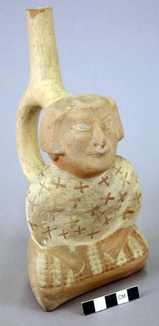 Ceramic bottle, human effigy, molded head, arms, legs, sitting cross-legged