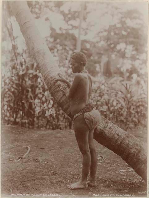 Woman standing by tree trunk