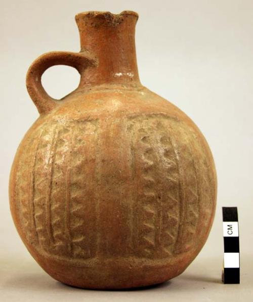 Pottery jar, handle on side, stamped, red