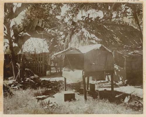 Small thatched structure on stilts in front of house