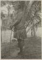 Man standing in front of palm, side view