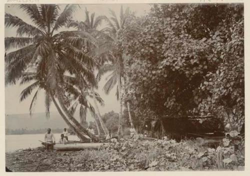 People with boats on shore, in front of thatched structure