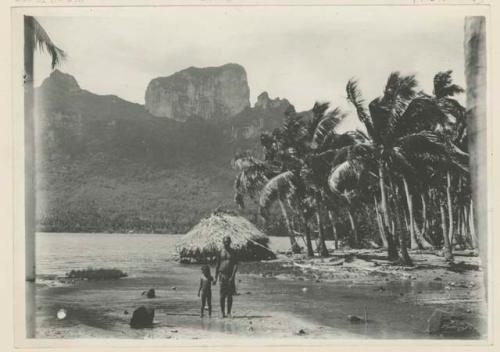 Man and child standing on shore, with thatched structure in background