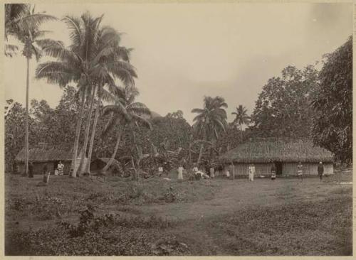 People standing in front of thatched structures