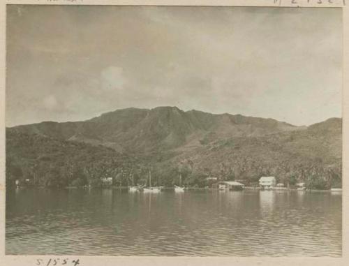 Shoreline with a view of houses, hills and sailboats