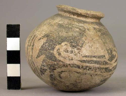 Pottery jar, yellow with blcak ornamentation