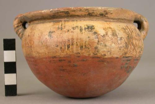 Pottery bowl with rim and two small handles - Lost Color ware (restored)