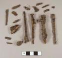 Iron nail fragments; iron nail fragments with coal attached; slag fragments; iron and copper alloy shanked button