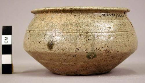 Small grey speckled ware bowl - green glaze finish