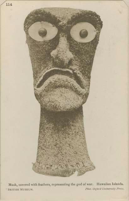 Mask, covered with feathers, representing the god of war