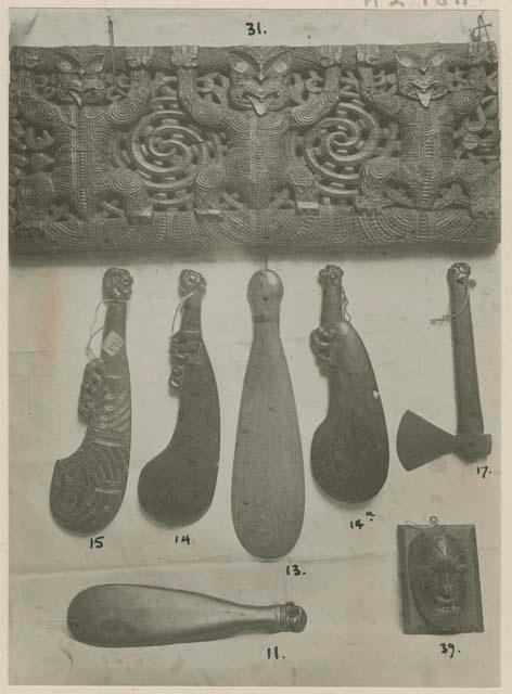 Various carved items, including weapons