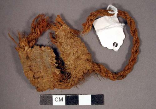 Organic, woven fiber cordage, sandal fragment, worked wood, and fiber bundle