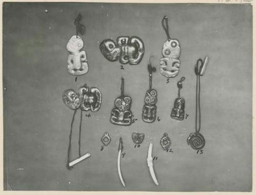 Various small Maori ornaments, jewelry, and tools