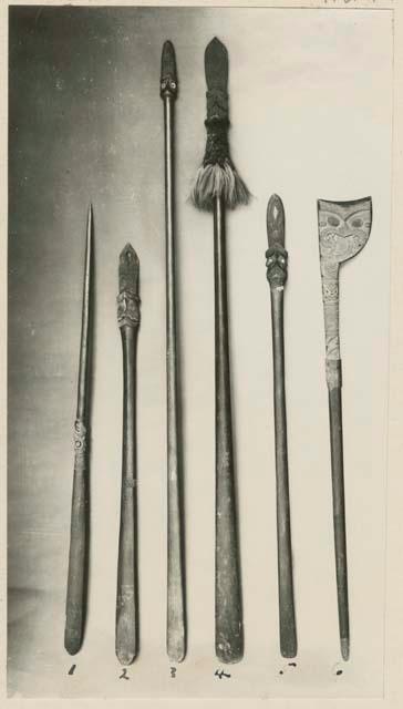 Six long spears of various size and decoration