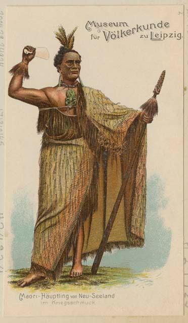 Colored drawing of Maori chief holding a taiaha and small club