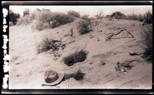 Play hogans and corrals on sand dune constructed by Navajo children