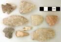 Chipped stone, scraper, and stemmed, corner-notched, and triangular projectile points, some broken