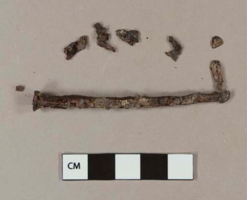 Iron nail fragment, cut or wrought; unidentified iron fragments