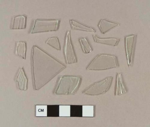 Aqua flat glass fragments; aqua bottle glass fragment; colorless bottle glass fragments