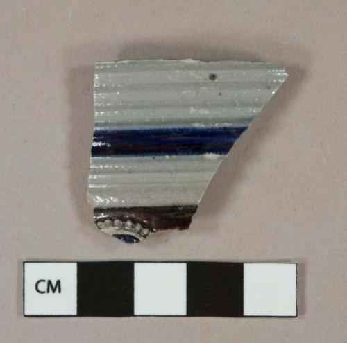Gray salt-glazed stoneware vessel body fragment, cobalt decorated, gray paste, molded decoration, Westerwald type