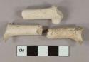 White undecorated kaolin pipe stem fragments with feet and part of bowl, 2 with 5/64" bore diameter, 1 with 7/64" bore diameter