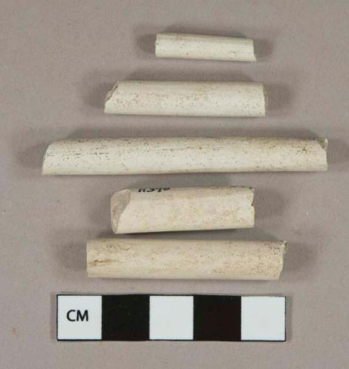 White undecorated kaolin pipe stem and bowl fragments, 6 stems with 4/64" bore diameter, 15 stems with 5/64"  bore diameter, 1 stem with 7/64" bore diameter