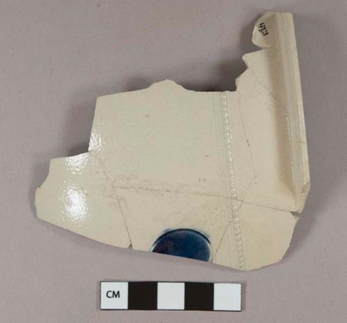 Gray salt glazed stoneware vessel rim fragment, Cobalt decorated, bead molding on body, gray paste