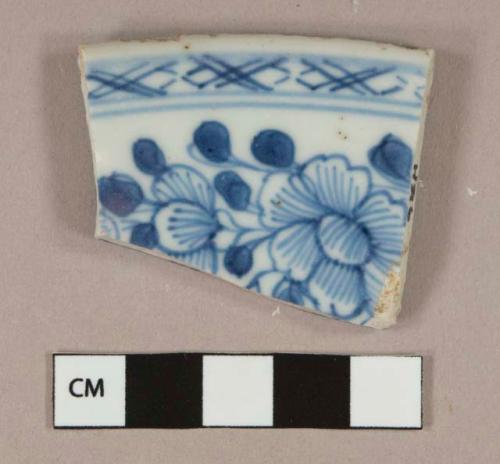 Blue on white handpainted trade porcelain vessel rim fragment, white paste