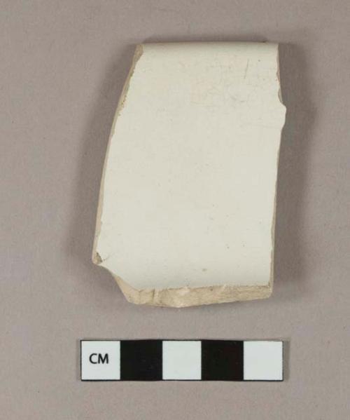 Undecorated whiteware rim sherd; crossmends with undecorated whiteware base sherd