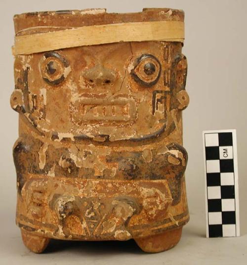 Galo polychrome pottery effigy vessel - cylindrical, restored