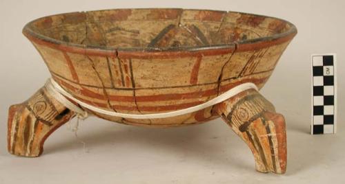 Polychrome pottery tripod bowl - restored