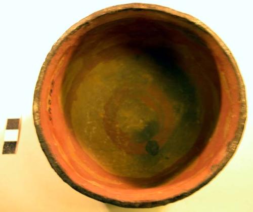 Earthenware bowl with cord-impressed and polychrome designs on exterior and polychrome designs on interior
