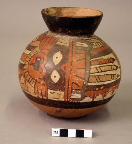 Jar painted in polychrome with an "anthropomorphic mythical being" w/ dart body