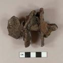 Iron clamp - two plates with holes in either end and a screw through the center - with charcoal fragments attached