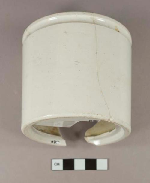 White undecorated lead glazed ironstone jar or canister fragments, white paste