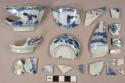 Blue and red on white handpainted porcelain vessel body, base, and rim fragments, white paste, likely tea bowls