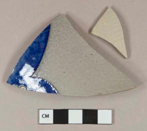 Gray salt glazed stoneware vessel body fragments, inscribed and cobalt decorated, gray paste, likely Westerwald type