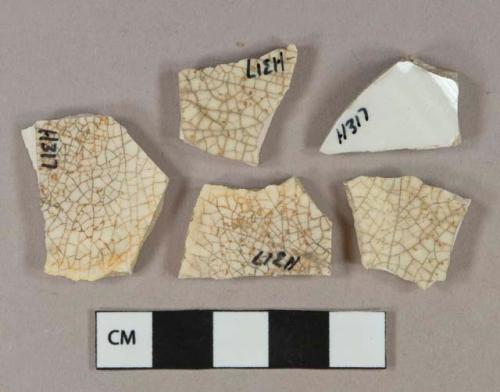 White undecorated ironstone vessel body fragments, white paste, 4 heavily crazed and stained