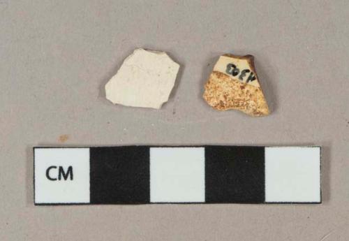 White earthenware vessel body fragments, 1 fragment with white lead glazed and heavily stained