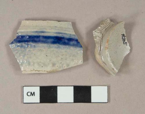 Gray salt glazed stoneware vessel base and body fragments, gray paste, 1 fragment with molded decoration, 1 fragment with cobalt lead glaze decoration