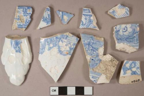 Blue on white transferprinted pearlware vessel body and rim fragments, white paste