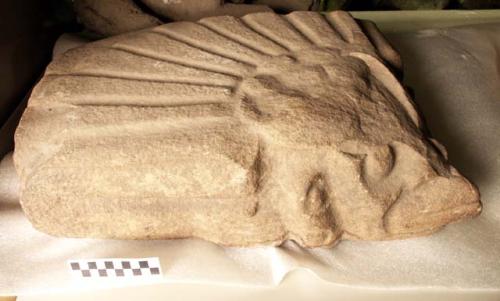 Carved Stone, Grotesque Human Head, arms, head-dress