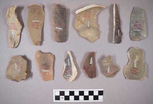 Flint flakes and blades, including cream, reddish brown, grey and pink colored stone, some include cortex
