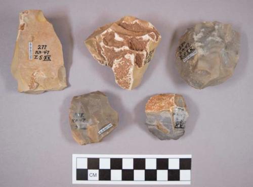 Flint flakes and cores, including cream, grey, brown and black colored stone, some include cortex