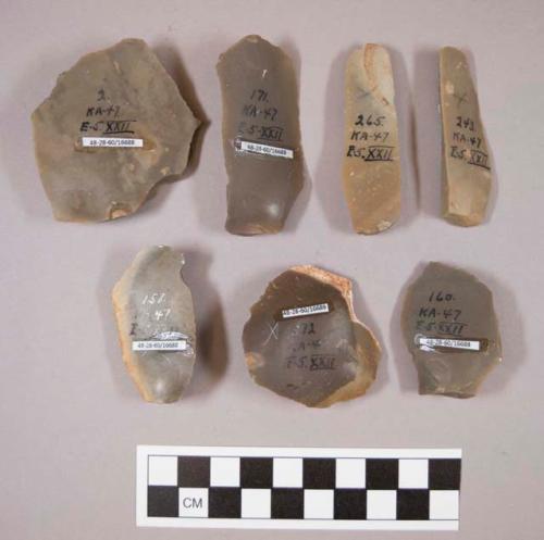 Flint flakes, includes brown, grey and tan colored stone (one with cortex)